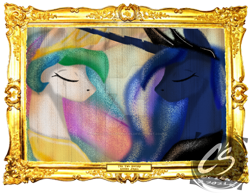 Size: 1024x792 | Tagged: safe, artist:adhiguna, artist:johnathon-matthews, derpibooru import, princess celestia, princess luna, alicorn, alternate, deviantart watermark, digital painting, frame, obtrusive watermark, painting, simple background, transparent background, watermark