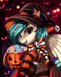 Size: 2550x3209 | Tagged: safe, artist:pridark, derpibooru import, oc, oc only, oc:peacher, pegasus, pony, bow, candy, clothes, commission, costume, female, food, green mane, halloween, halloween 2021, halloween costume, hat, holiday, orange eyes, pegasus oc, pumpkin, pumpkin bucket, socks, solo, striped socks, witch hat, ych result