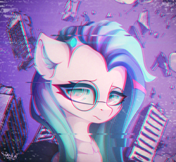Size: 3258x3000 | Tagged: safe, artist:stahlkat, derpibooru import, oc, oc only, pony, bust, chromatic aberration, ear fluff, ears, error, female, glasses, glitch, hair accessory, high res, looking at you, portrait, round glasses, solo, three quarter view