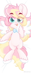 Size: 1170x2716 | Tagged: safe, artist:ninnydraws, derpibooru import, oc, oc:ninny, pegasus, bed, blushing, body pillow, body pillow design, bowtie, eyebrows, looking at you, lying down, lying on bed, on back, on bed