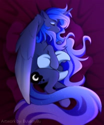 Size: 3413x4096 | Tagged: safe, artist:buvanybu, derpibooru import, princess luna, alicorn, pony, bed, crescent moon, eyes closed, female, lying down, mare, moon, on bed, on side, pillow, profile, sleeping, solo