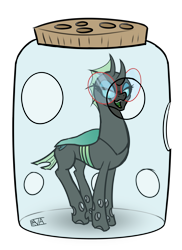 Size: 4000x5500 | Tagged: safe, artist:evan555alpha, ponybooru exclusive, oc, oc only, oc:yvette (evan555alpha), changeling, evan's daily buggo, changeling oc, dorsal fin, fangs, female, glasses, green tongue, holes, hooves together, jar, lidded eyes, looking at you, open mouth, round glasses, signature, simple background, sketch, smile, smug, solo, this will not end well, transparent background