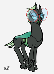 Size: 4000x5500 | Tagged: safe, alternate version, artist:evan555alpha, ponybooru exclusive, oc, oc only, oc:yvette (evan555alpha), changeling, evan's daily buggo, changeling oc, dorsal fin, fangs, female, glasses, green tongue, hooves together, lidded eyes, looking at you, open mouth, partial color, round glasses, signature, simple background, sketch, smile, smug, solo, transparent background, white background