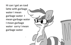 Size: 1186x758 | Tagged: safe, artist:tjpones, derpibooru import, oc, oc only, oc:bandy cyoot, hybrid, pony, raccoon, raccoon pony, black and white, dialogue, female, grayscale, iced latte with breast milk, mare, meme, monochrome, simple background, solo, trash can, white background