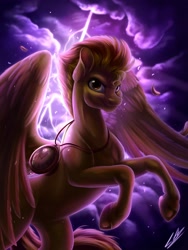 Size: 3000x4000 | Tagged: safe, artist:lupiarts, derpibooru import, spitfire, pegasus, pony, clock, feather, female, high res, illustration, lightning, mare, painting, solo, storm