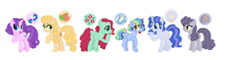 Size: 1280x338 | Tagged: safe, artist:yourrdazzle, derpibooru import, oc, oc only, earth pony, pony, unicorn, female, mare, offspring, parent:bow hothoof, parent:bright mac, parent:cloudy quartz, parent:cookie crumbles, parent:gentle breeze, parent:hondo flanks, parent:igneous rock pie, parent:night light, parent:pear butter, parent:posey shy, parent:twilight velvet, parent:windy whistles, parents:brightbutter, parents:nightvelvet, parents:windyhoof, simple background, transparent background