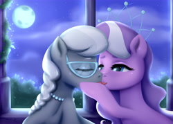 Size: 8820x6300 | Tagged: safe, artist:ottava, derpibooru import, diamond tiara, silver spoon, earth pony, pony, female, french kiss, glasses, kissing, lesbian, moon, night, shipping, silvertiara