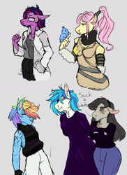 Size: 1280x1761 | Tagged: safe, artist:sodafalls, derpibooru import, dj pon-3, fluttershy, octavia melody, twilight sparkle, vinyl scratch, anthro, bird, clothes, cosplay, costume, soul eater