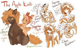 Size: 2971x1879 | Tagged: safe, artist:yuyusunshine, derpibooru import, oc, oc only, oc:jasper gala, oc:sugarbee, oc:sugarbee apple, earth pony, pegasus, pony, adopted offspring, apple, basket, colt, female, filly, food, guitar, male, musical instrument, parent:applejack