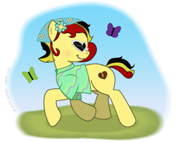 Size: 745x600 | Tagged: safe, artist:hazel bloons, derpibooru import, oc, oc only, oc:chocolate sweets, butterfly, earth pony, pony, bandana, blue sky, clothes, eyes closed, female, flower, flower in hair, grass, heart shaped glasses, mare, shirt, simple background, smiling, solo, sunglasses, transparent background, walking