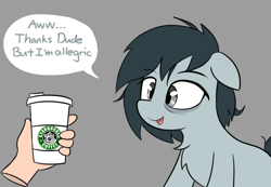 Size: 1110x766 | Tagged: safe, artist:icey, derpibooru import, oc, oc only, oc:sleepy goodnight, earth pony, human, pony, bags under eyes, coffee, disembodied head, starbucks, text