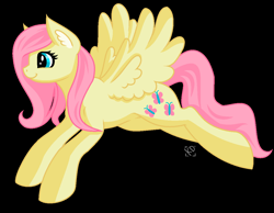 Size: 1157x897 | Tagged: safe, artist:amazing-artsong, derpibooru import, fluttershy, pegasus, pony, black background, ear fluff, ears, female, flying, mare, pixel art, profile, simple background, smiling, solo, spread wings, wings