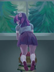 Size: 1200x1600 | Tagged: safe, artist:richesbabycheesecake, derpibooru import, twilight sparkle, human, equestria girls, book, eared humanization, female, horn, horned humanization, humanized, kneeling, looking back, pile of books, solo