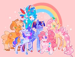 Size: 2048x1552 | Tagged: safe, artist:swirlseypop, derpibooru import, applejack, fluttershy, pinkie pie, rainbow dash, rarity, twilight sparkle, twilight sparkle (alicorn), alicorn, earth pony, pegasus, pony, unicorn, blushing, bow, chest fluff, colored wings, colored wingtips, ear piercing, earring, ears, floppy ears, flower, flower in hair, glasses, grin, jewelry, leonine tail, lidded eyes, looking at you, mane six, piercing, raspberry, smiling, sparkles, spread wings, tail, tail bow, tongue, tongue out, unshorn fetlocks, wavy mouth, wings