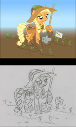 Size: 827x1380 | Tagged: safe, artist:lauren faust, derpibooru import, applejack, earth pony, pony, braid, carrot, farm, female, hat, mare, shovel, sweat