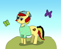 Size: 745x600 | Tagged: safe, artist:sannyday, derpibooru import, oc, oc only, oc:chocolate sweets, butterfly, earth pony, pony, bandana, blue sky, clothes, cutie mark, heart shaped glasses, multicolored tail, shirt, simple background, solo, standing, sunglasses, tail, yellow coat