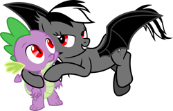 Size: 1119x714 | Tagged: safe, artist:porygon2z, rainbow dash, bat pony, dragon, pony, undead, vampire, alternate eye color, bat ponified, bedroom eyes, confused, count dashula, fangs, grin, naughty, rainbowspike, red eyes, seductive, simple background, smirk, transparent background, vampire bat pony, vector