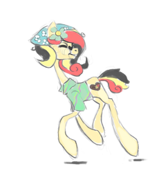 Size: 3500x3800 | Tagged: safe, artist:s0fty_1cy, derpibooru import, oc, oc only, oc:chocolate sweets, earth pony, pony, bandana, clothes, cutie mark, eyes closed, female, flower, flower in hair, happy, heart shaped glasses, mare, multicolored hair, multicolored mane, multicolored tail, shirt, simple background, solo, sunglasses, tail, walking, yellow coat