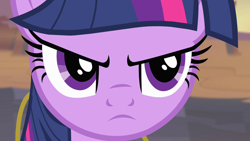 Size: 1280x720 | Tagged: safe, derpibooru import, screencap, twilight sparkle, twilight sparkle (alicorn), alicorn, pony, season 4, three's a crowd, angry, close-up, cute, cute when angry, dat face, discord's pendant, female, jewelry, mare, narrowed eyes, necklace, serious, serious face, twilight is not amused, unamused