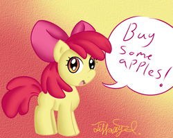 Size: 1377x1096 | Tagged: safe, artist:itiffanyblue, derpibooru import, apple bloom, earth pony, pony, buy some apples, female, filly, gradient background, solo, speech bubble