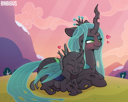 Size: 2000x1600 | Tagged: safe, artist:bnbigus, derpibooru import, queen chrysalis, changeling, changeling queen, blushing, cuddling, female, floating heart, heart, hill, hug, lying down, prone, scrunchy face, snuggling, sunset, tsundere