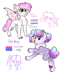 Size: 2048x2509 | Tagged: safe, artist:moccabliss, derpibooru import, oc, oc only, oc:dune daylight, oc:dust bunny, dracony, dragon, hippogriff, hybrid, bigender pride flag, bisexual pride flag, magical lesbian spawn, offspring, parent:gabby, parent:smolder, parent:sweetie belle, pride, pride flag