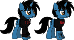 Size: 2126x1165 | Tagged: safe, artist:lightningbolt, derpibooru exclusive, derpibooru import, pony, unicorn, .svg available, clothes, ear piercing, frank iero, gauges, hoodie, horn, horn piercing, lip piercing, male, my chemical romance, nose piercing, piercing, ponified, shirt, simple background, solo, stallion, standing, svg, t-shirt, tattoo, transparent background, vector