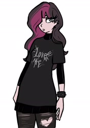 Size: 1446x2039 | Tagged: safe, artist:tacoman dusct, derpibooru import, oc, oc:radia heart, equestria girls, black clothes, clothes, dress, ear piercing, emo, female, hair over one eye, jewelry, piercing, socks, solo