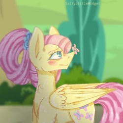 Size: 768x768 | Tagged: safe, artist:saltytangerine, derpibooru import, fluttershy, butterfly, pegasus, pony, butterfly on nose, female, insect on nose, older, older fluttershy, solo