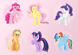 Size: 1055x747 | Tagged: safe, artist:seshirukun, derpibooru import, applejack, fluttershy, pinkie pie, rainbow dash, rarity, twilight sparkle, twilight sparkle (alicorn), alicorn, earth pony, pegasus, pony, unicorn, alternate hairstyle, female, gradient background, ponytail