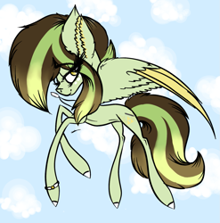 Size: 1377x1393 | Tagged: safe, artist:beamybutt, derpibooru import, oc, oc only, pegasus, pony, bedroom eyes, cloud, colored hooves, colored wings, ear fluff, ears, eyelashes, female, flying, jewelry, mare, necklace, pegasus oc, solo, two toned wings, wings