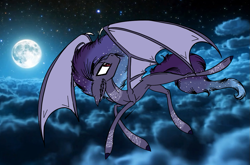 Size: 1195x787 | Tagged: safe, artist:beamybutt, derpibooru import, oc, oc only, bat pony, pony, bat pony oc, ear fluff, ears, ethereal mane, flying, full moon, moon, outdoors, solo, starry mane, stars