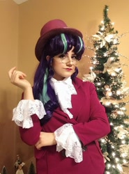 Size: 1080x1460 | Tagged: safe, artist:sarahndipity cosplay, derpibooru import, snowfall frost, starlight glimmer, human, christmas, christmas tree, clothes, cosplay, costume, glasses, hat, holiday, irl, irl human, photo, top hat, tree
