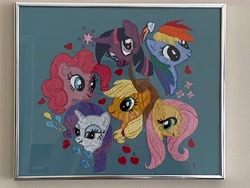 Size: 4032x3024 | Tagged: safe, derpibooru import, applejack, fluttershy, pinkie pie, rainbow dash, rarity, twilight sparkle, earth pony, pegasus, unicorn, cutie mark, embroidery, framed picture, heart, mane six, traditional art