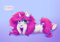 Size: 2136x1497 | Tagged: safe, artist:zowzowo, derpibooru import, oc, oc only, pony, unicorn, commission, female, hands on face, heart, heterochromia, looking at you, lying down, mare, open mouth, open smile, prone, simple background, smiling, smiling at you, solo, speech bubble, three quarter view