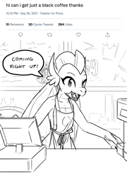 Size: 2835x3940 | Tagged: safe, artist:anonymous, derpibooru import, smolder, dragon, apron, barista, breasts, cash register, clothes, delicious flat chest, dragoness, female, iced latte with breast milk, looking at you, meme, meme parody, meta, monochrome, older, older smolder, open mouth, open smile, small breasts, smiling, smiling at you, solo, speech bubble, starbucks, talking to viewer, text, twitter