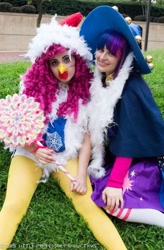 Size: 1071x1632 | Tagged: safe, artist:littleprofessorproductions, artist:sarahndipity cosplay, artist:shelbeanie, derpibooru import, pinkie pie, twilight sparkle, human, luna eclipsed, animal costume, chicken pie, chicken suit, clothes, cosplay, costume, irl, irl human, photo, star swirl the bearded costume