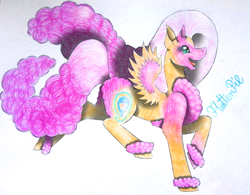 Size: 1967x1536 | Tagged: safe, artist:wixi2000, derpibooru import, fluttershy, pinkie pie, pegasus, pony, chest fluff, female, fluffy, fluffy mane, fluffy tail, four ears, mare, open mouth, open smile, prancing, simple background, smiling, solo, spread wings, tail, traditional art, unshorn fetlocks, white background, wings