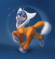 Size: 2718x2897 | Tagged: safe, artist:mithriss, derpibooru import, oc, oc only, pony, unicorn, :p, fox tail, onesie, smug, solo, sparkles, tail, tongue, tongue out