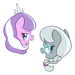 Size: 1345x1353 | Tagged: safe, artist:pestil, diamond tiara, silver spoon, earth pony, pony, blushing, female, filly, glasses, looking sideways, open mouth, open smile, simple background, smiling, transparent background