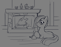 Size: 938x715 | Tagged: safe, artist:marbo, marble pie, earth pony, pony, female, fire, fireplace, looking at you, mare, monochrome, prone, smiling, solo