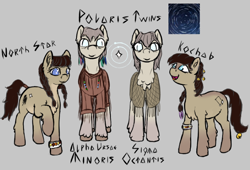 Size: 834x568 | Tagged: safe, artist:barhandar, oc, oc only, oc:kochab, oc:north star, oc:polaris, pony, brother and sister, chest fluff, clothes, father and child, father and daughter, female, looking at you, male, mare, parent and child, raised hoof, raised leg, shaman, siblings, simple background, sisters, snowpony (species), stallion, taiga pony