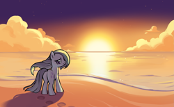 Size: 2147x1326 | Tagged: safe, artist:marbo, marble pie, earth pony, pony, beach, butt, cloud, female, hoofprints, looking at you, looking back, looking back at you, mare, plot, sand, shore, smiling, solo, sunset