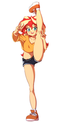 Size: 1500x3000 | Tagged: safe, artist:rockset, sunset shimmer, equestria girls, belly button, clothes, double peace sign, looking at you, open mouth, peace sign, raised leg, shirt, shorts, simple background, smiling, solo, standing splits, tongue, tongue out, white background