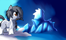 Size: 1091x665 | Tagged: safe, artist:neuro, derpibooru import, oc, oc only, pony, /mlp/, female, filly, fluffy, ice, ice sculpture, looking at something, mouth hold, pickaxe, snow, snowpony (species), solo, taiga pony, yakutian horse