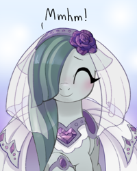 Size: 1000x1250 | Tagged: safe, artist:marbo, marble pie, earth pony, pony, blushing, bracelet, clothes, cute, daaaaaaaaaaaw, dialogue, dress, eyes closed, female, flower, flower in hair, gradient background, implied marriage, jewelry, marblebetes, mare, mhm, necklace, smiling, solo, sweet dreams fuel, waifu, wedding dress, wedding veil