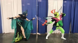 Size: 1071x602 | Tagged: safe, artist:justincrediblecosplay, artist:sarahndipity cosplay, derpibooru import, queen chrysalis, thorax, human, 2017, clothes, cosplay, costume, irl, irl human, photo
