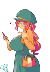 Size: 1400x2000 | Tagged: safe, artist:sozglitch, derpibooru import, part of a series, part of a set, sunset shimmer, equestria girls, big breasts, breasts, cellphone, clothes, dress, hat, huge breasts, music notes, nail polish, phone, purse, simple background, smartphone, solo, sunset jiggler, sweater, white background