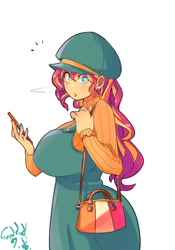 Size: 1400x2000 | Tagged: safe, artist:sozglitch, derpibooru import, part of a series, part of a set, sunset shimmer, equestria girls, big breasts, breasts, cellphone, clothes, dress, emanata, hat, head turn, huge breasts, looking at you, nail polish, phone, purse, simple background, smartphone, solo, sunset jiggler, sweater, white background