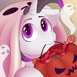 Size: 3512x3512 | Tagged: safe, artist:knochka, derpibooru import, oc, oc only, oc:haze rad, ghost, pony, undead, unicorn, candy, clothes, commission, commissioner:biohazard, costume, cute, ears, eye shimmer, eyebrows, floppy ears, food, ghost costume, halloween, halloween costume, high res, highlights, holiday, horn, looking at you, male, mouth hold, pumpkin bucket, purple eyes, solo, stallion, trick or treat, unicorn oc, wingding eyes, ych result